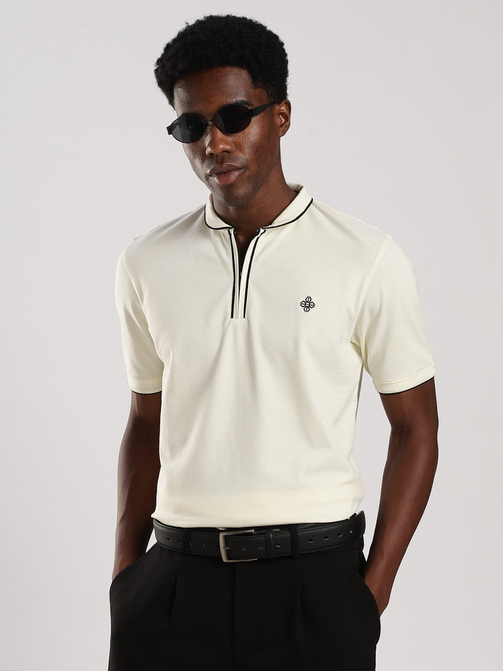 Off white Solid  Half Sleeve Polo T-Shirt
