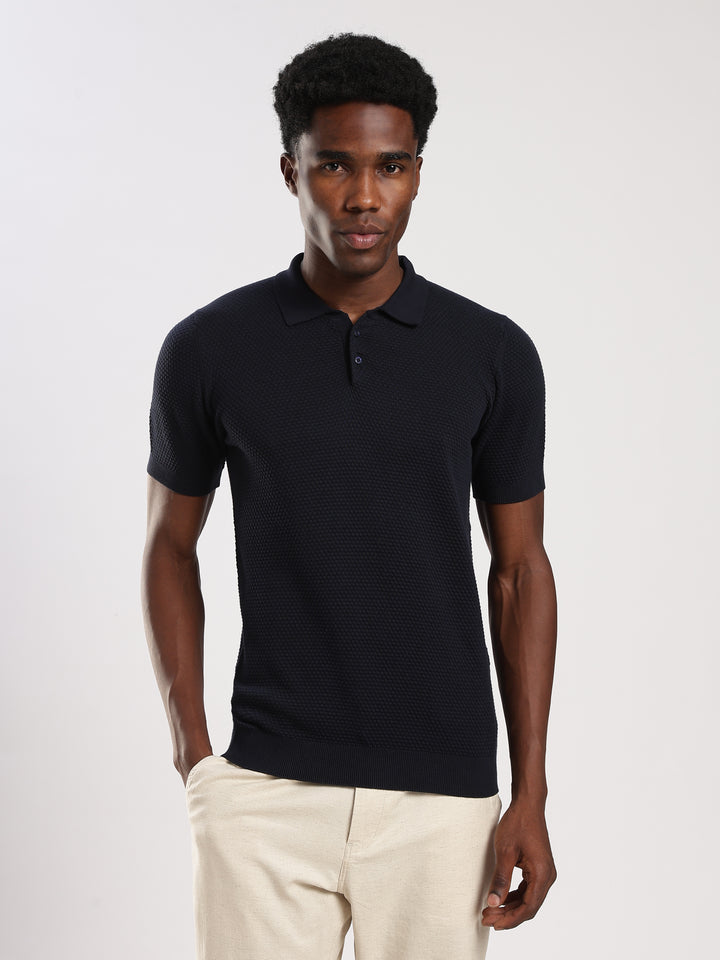 Navy Textured Slim Fit Polo Collar Flat Knit T-Shirt