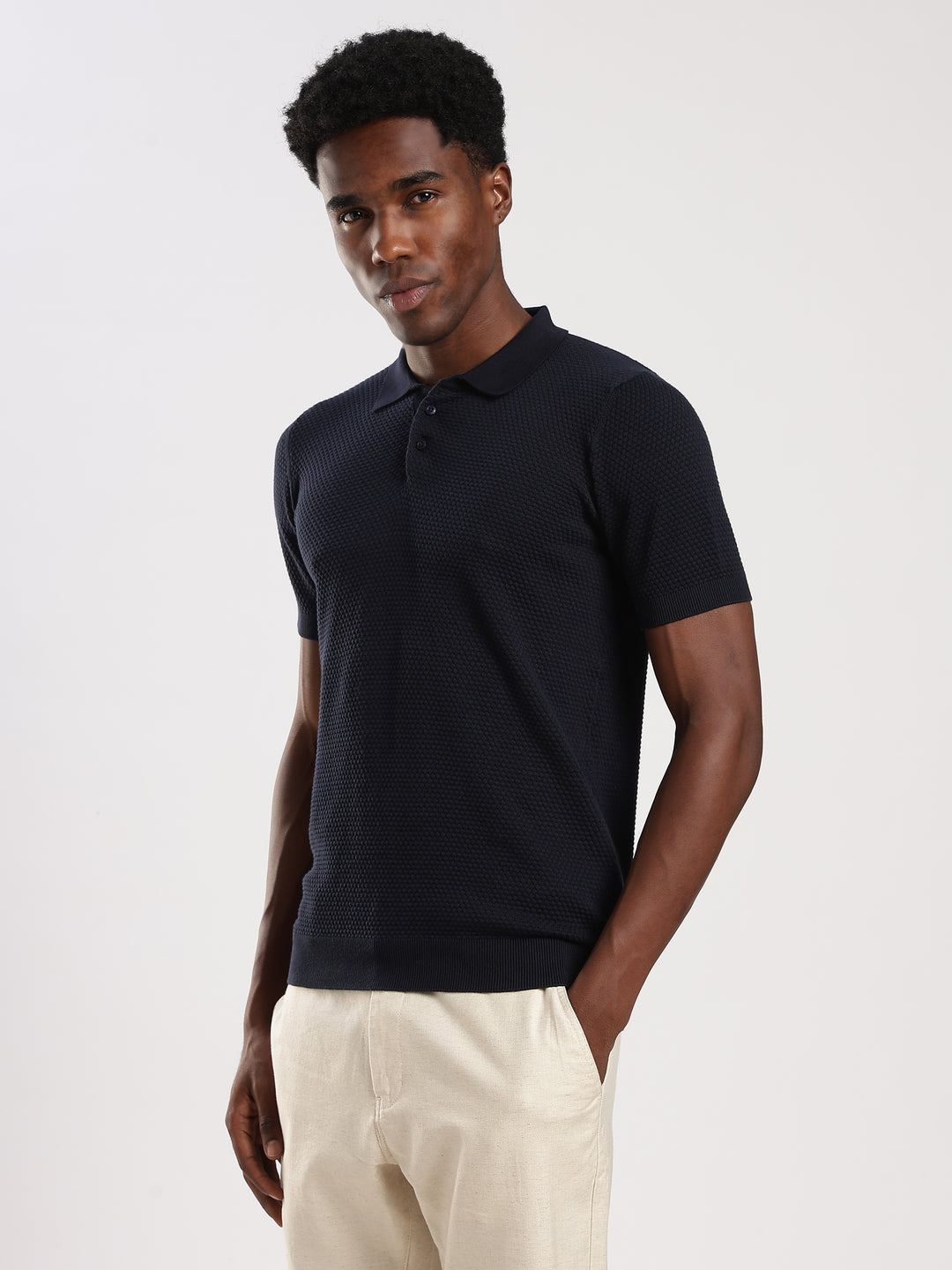 Navy Textured Slim Fit Polo Collar Flat Knit T-Shirt