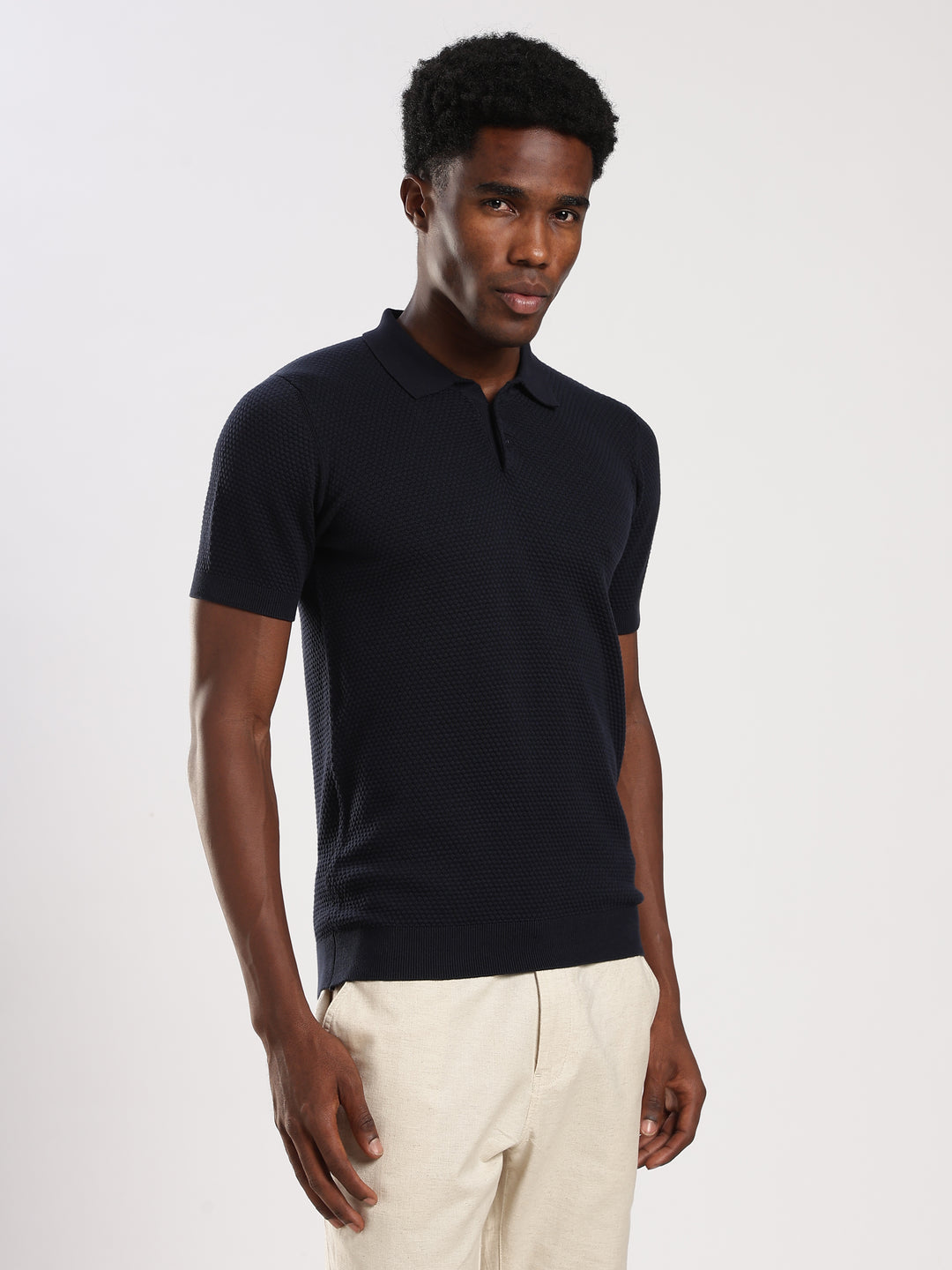 Navy Textured Slim Fit Polo Collar Flat Knit T-Shirt