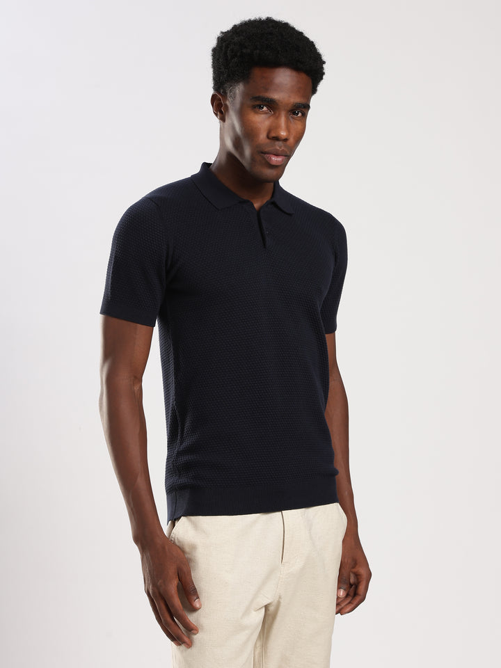 Navy Textured Slim Fit Polo Collar Flat Knit T-Shirt
