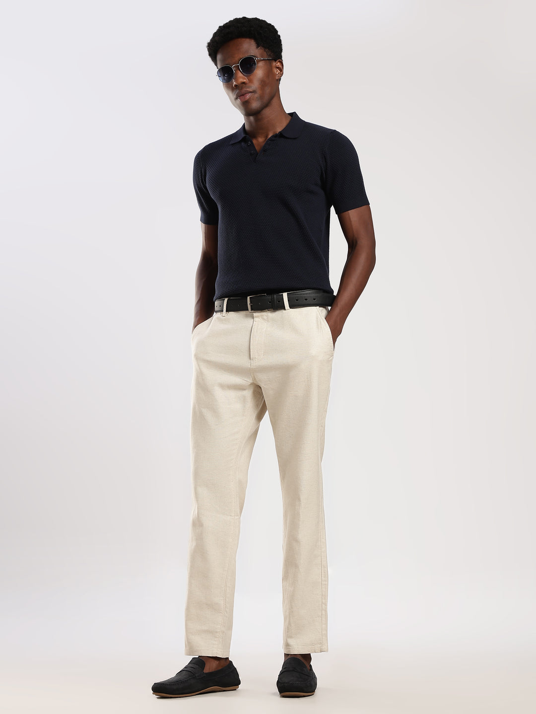 Navy Textured Slim Fit Polo Collar Flat Knit T-Shirt