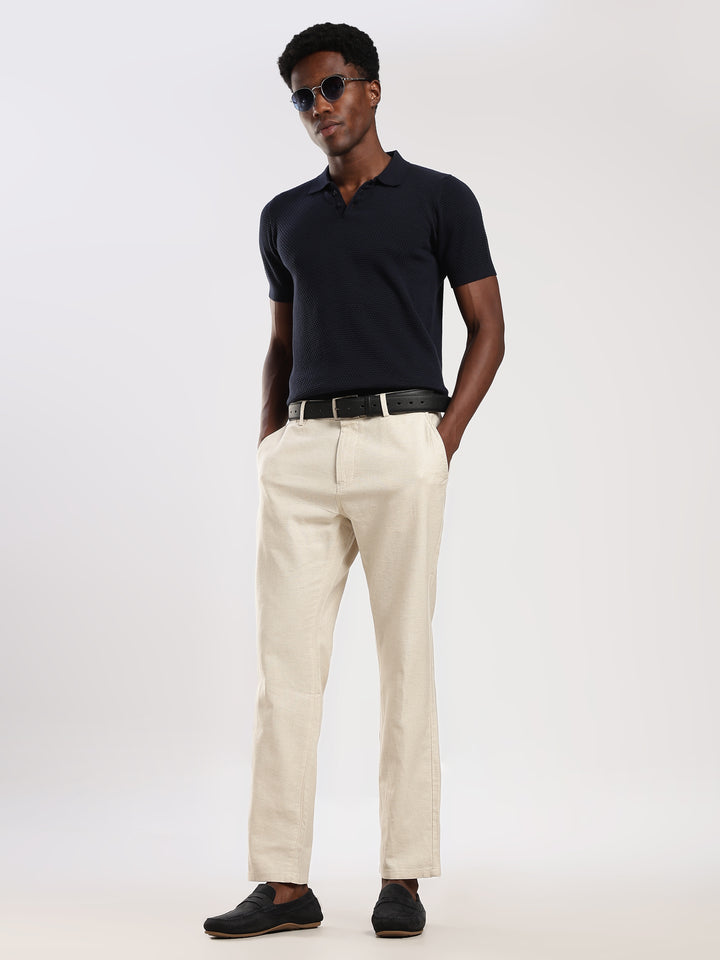 Navy Textured Slim Fit Polo Collar Flat Knit T-Shirt