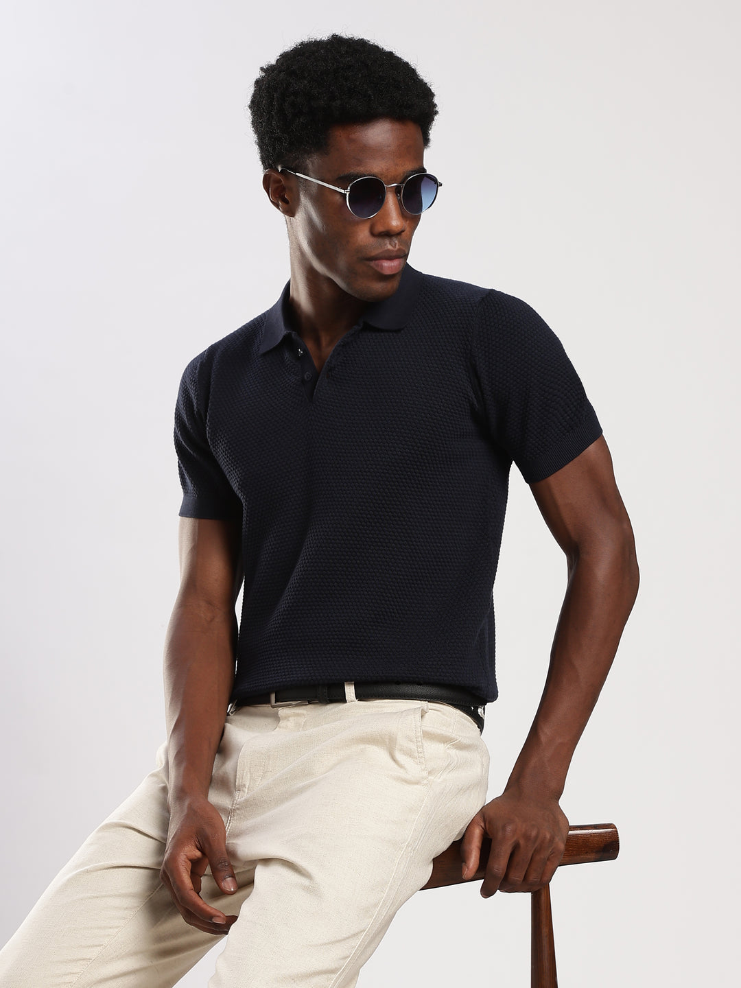 Navy Textured Slim Fit Polo Collar Flat Knit T-Shirt