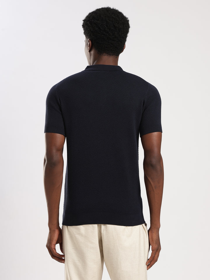 Navy Textured Slim Fit Polo Collar Flat Knit T-Shirt