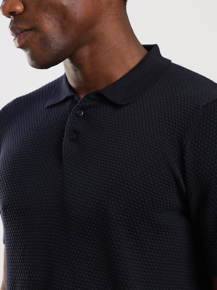 Navy Textured Slim Fit Polo Collar Flat Knit T-Shirt