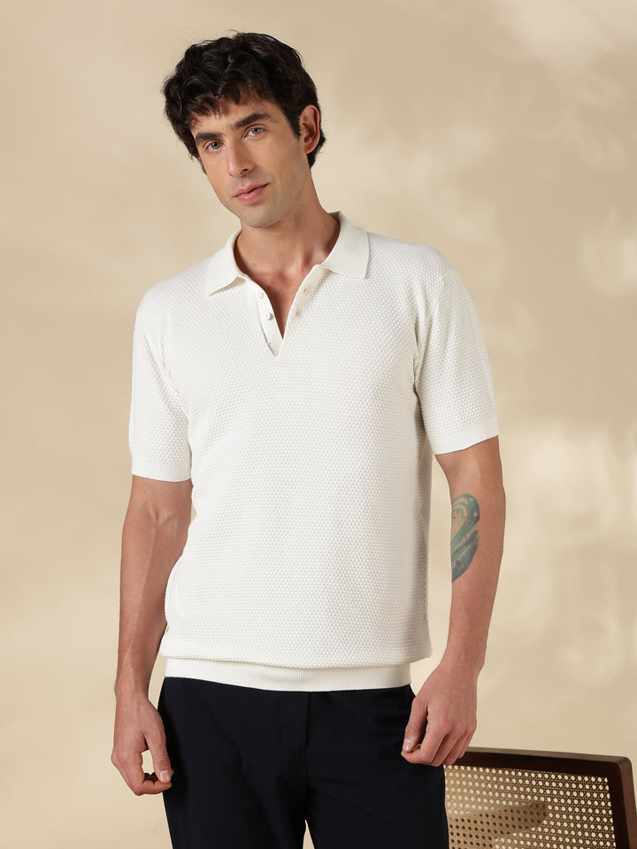White Textured Slim Fit Polo Collar Flat Knit T-Shirt