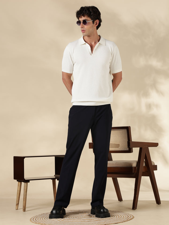 White Textured Slim Fit Flat Knit T-Shirt