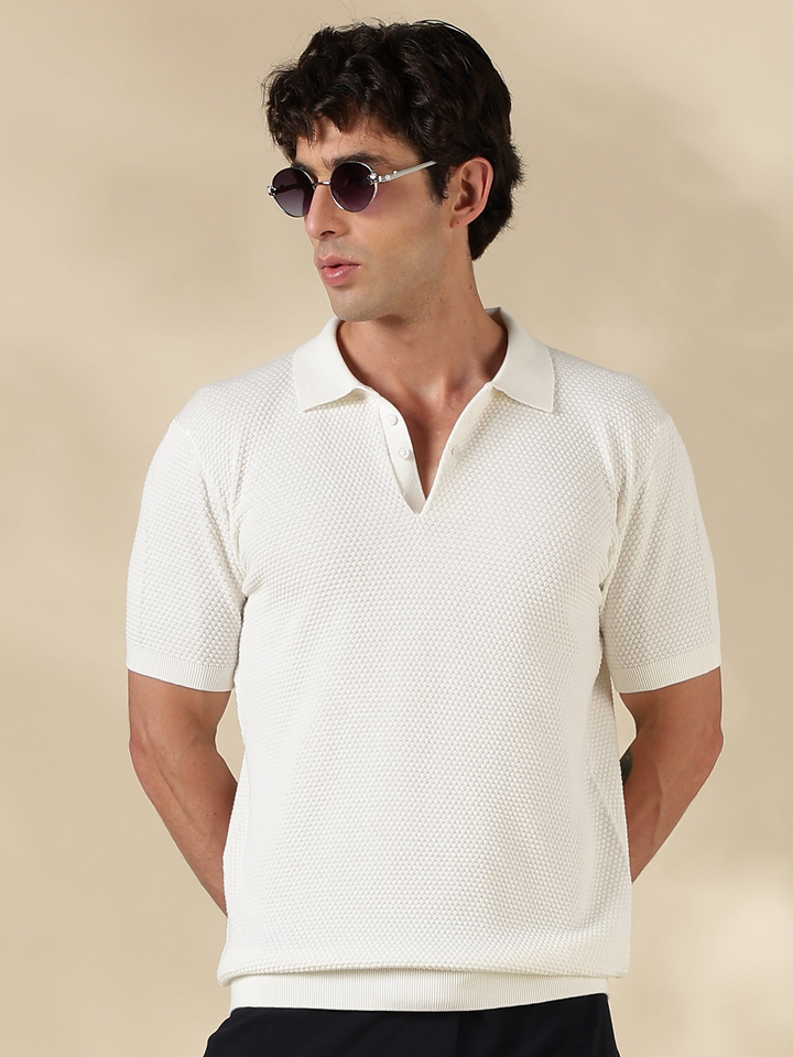 White Textured Slim Fit Flat Knit T-Shirt