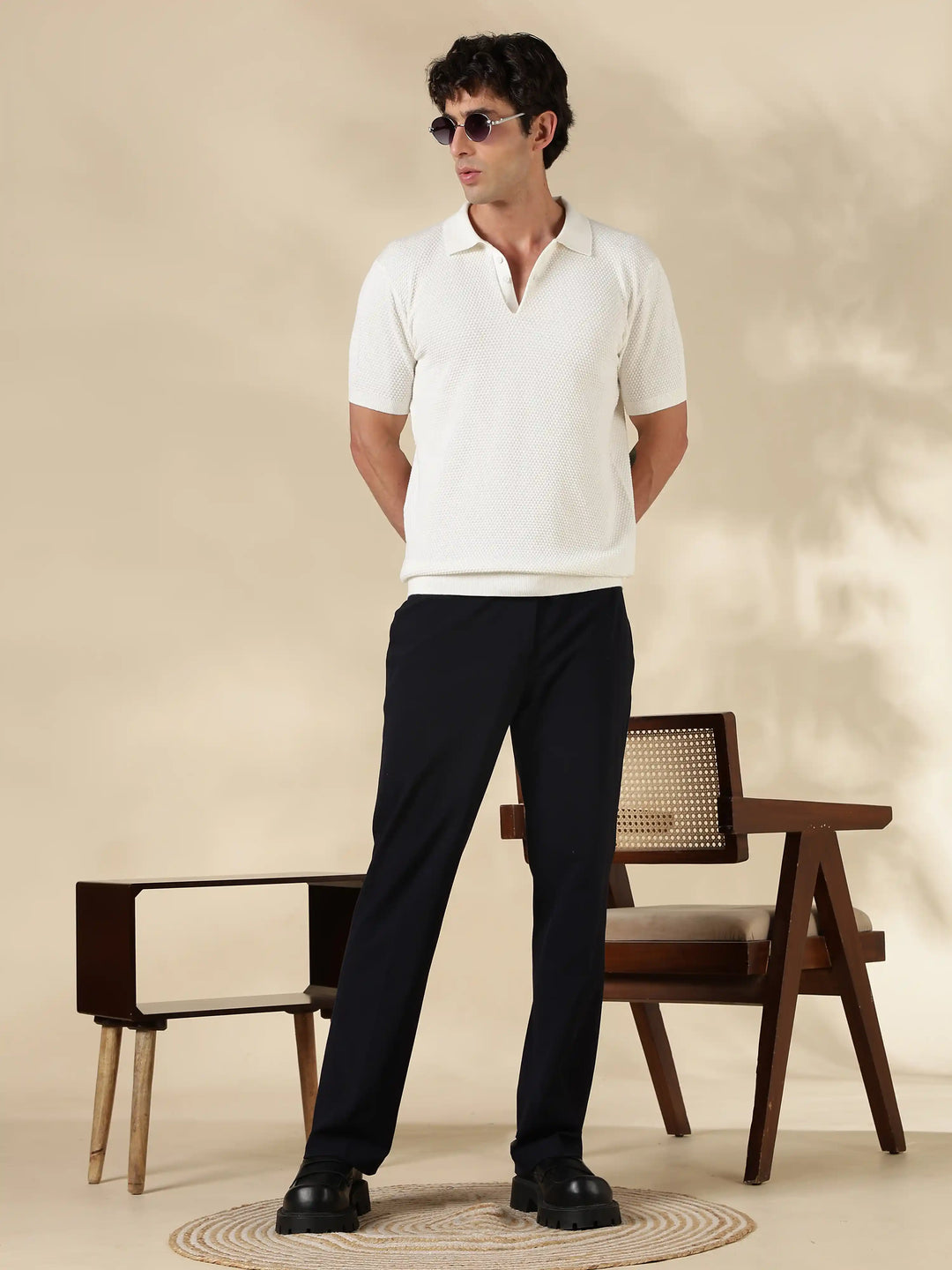 White Textured Slim Fit Flat Knit T-Shirt
