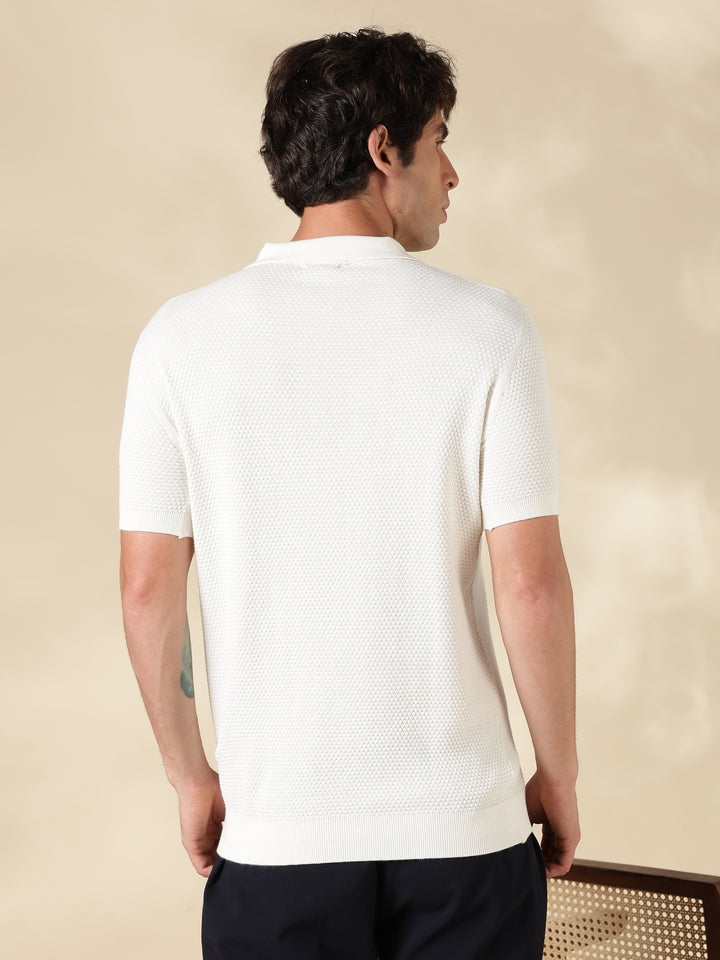 White Textured Slim Fit Flat Knit T-Shirt