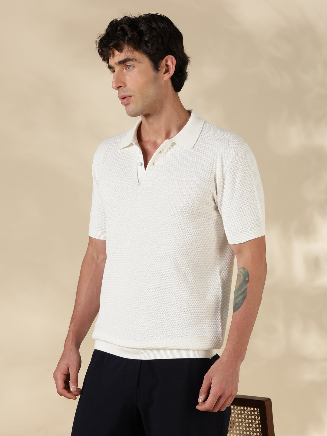 White Textured Slim Fit Flat Knit T-Shirt