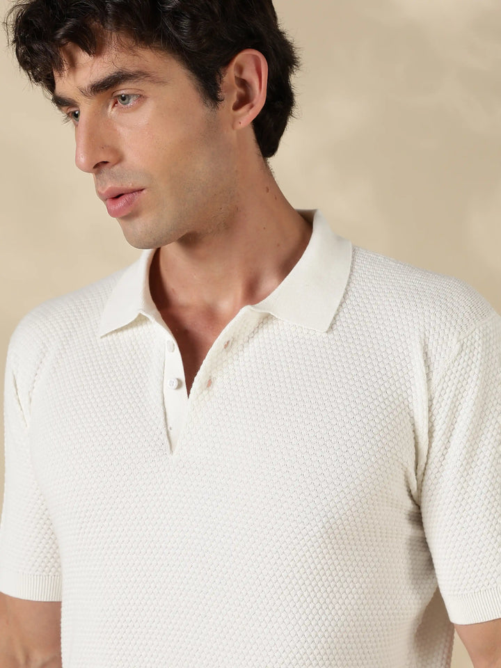 White Textured Slim Fit Flat Knit T-Shirt