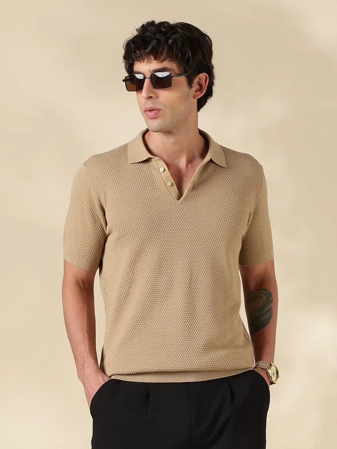 Brown Textured Slim Fit Polo Collar Flat Knit T-Shirt