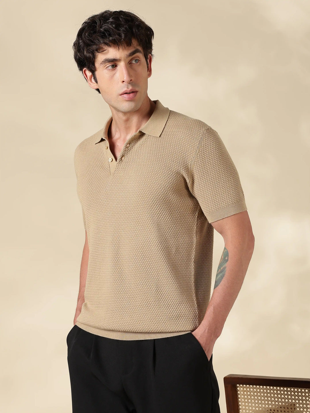 Brown Textured Slim Fit Flat Knit T-Shirt