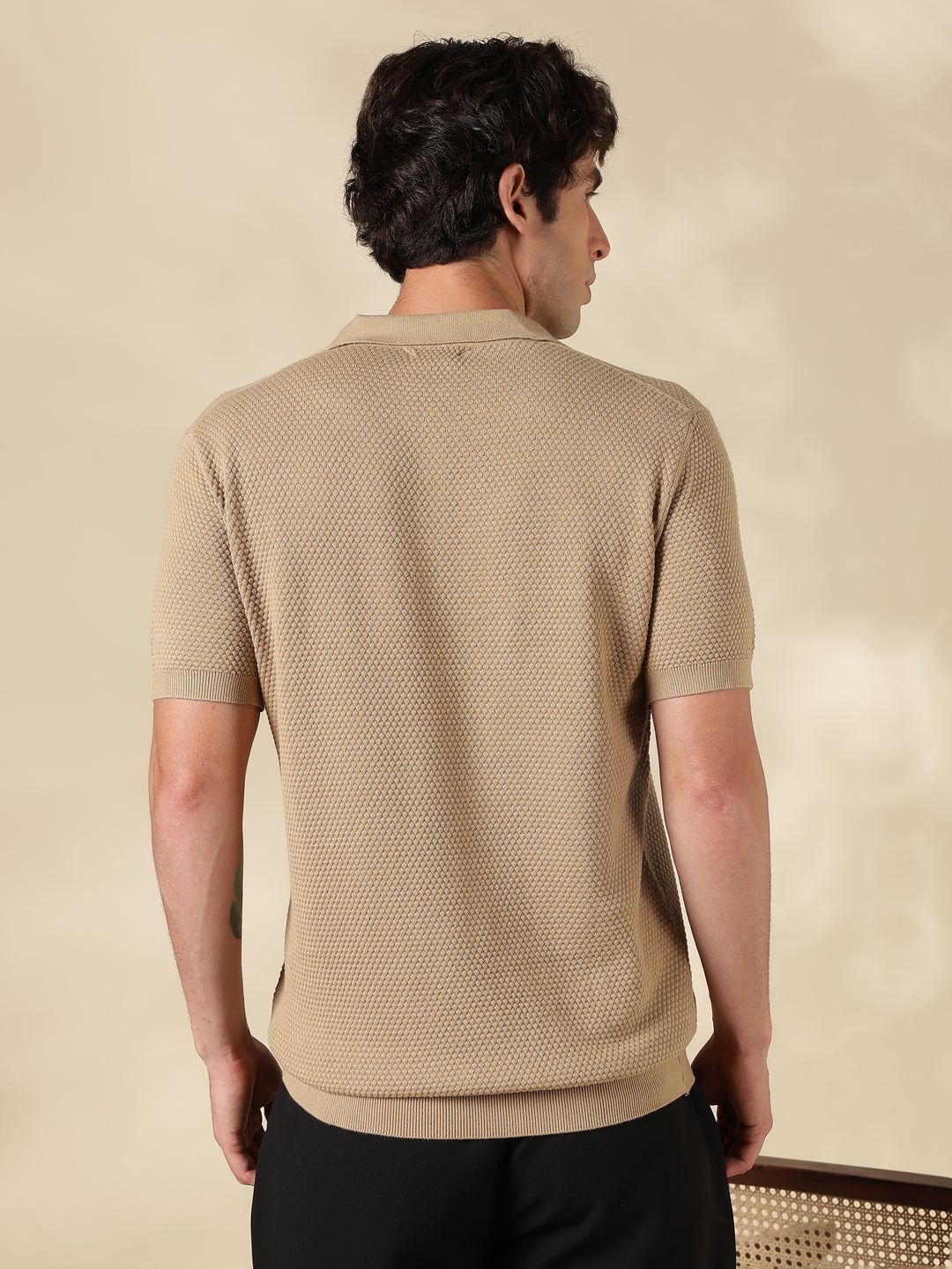 Brown Textured Slim Fit Flat Knit T-Shirt
