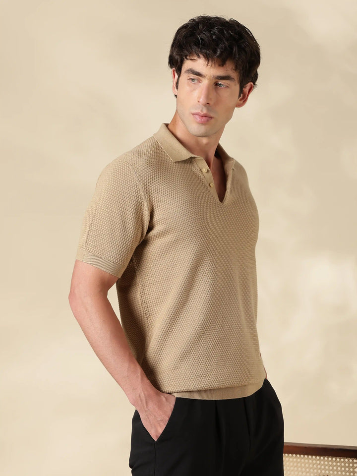 Brown Textured Slim Fit Flat Knit T-Shirt