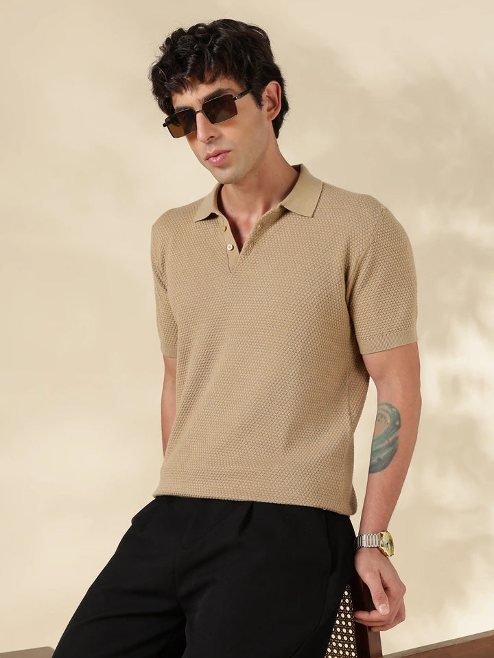 Brown Textured Slim Fit Flat Knit T-Shirt