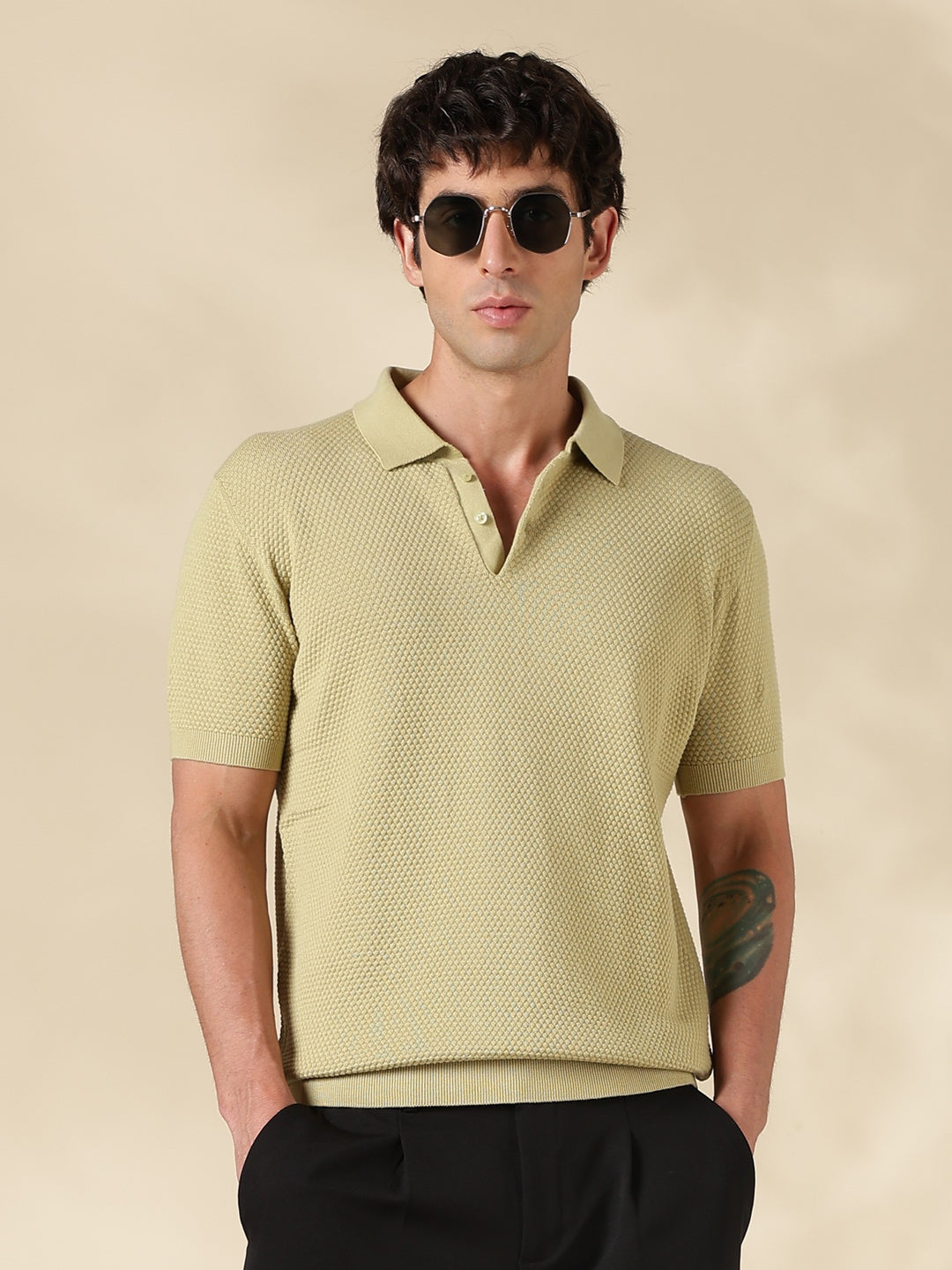 P Olive Textured Slim Fit Polo Collar Flat Knit T-Shirt