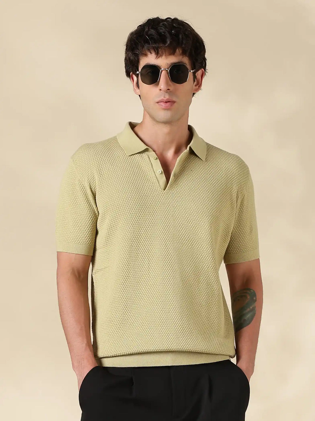 P Olive Textured Slim Fit Polo Collar Flat Knit T-Shirt