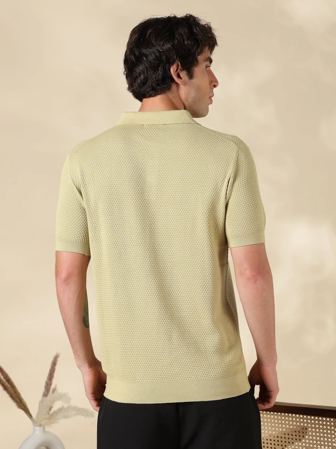 Pastel Green Textured Slim Fit Flat Knit T-Shirt
