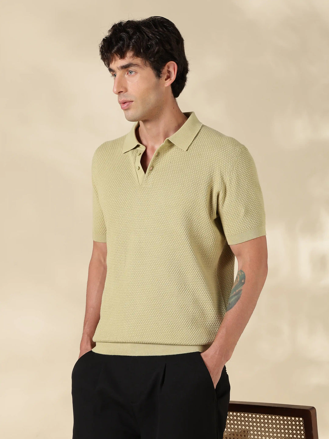 Pastel Green Textured Slim Fit Flat Knit T-Shirt