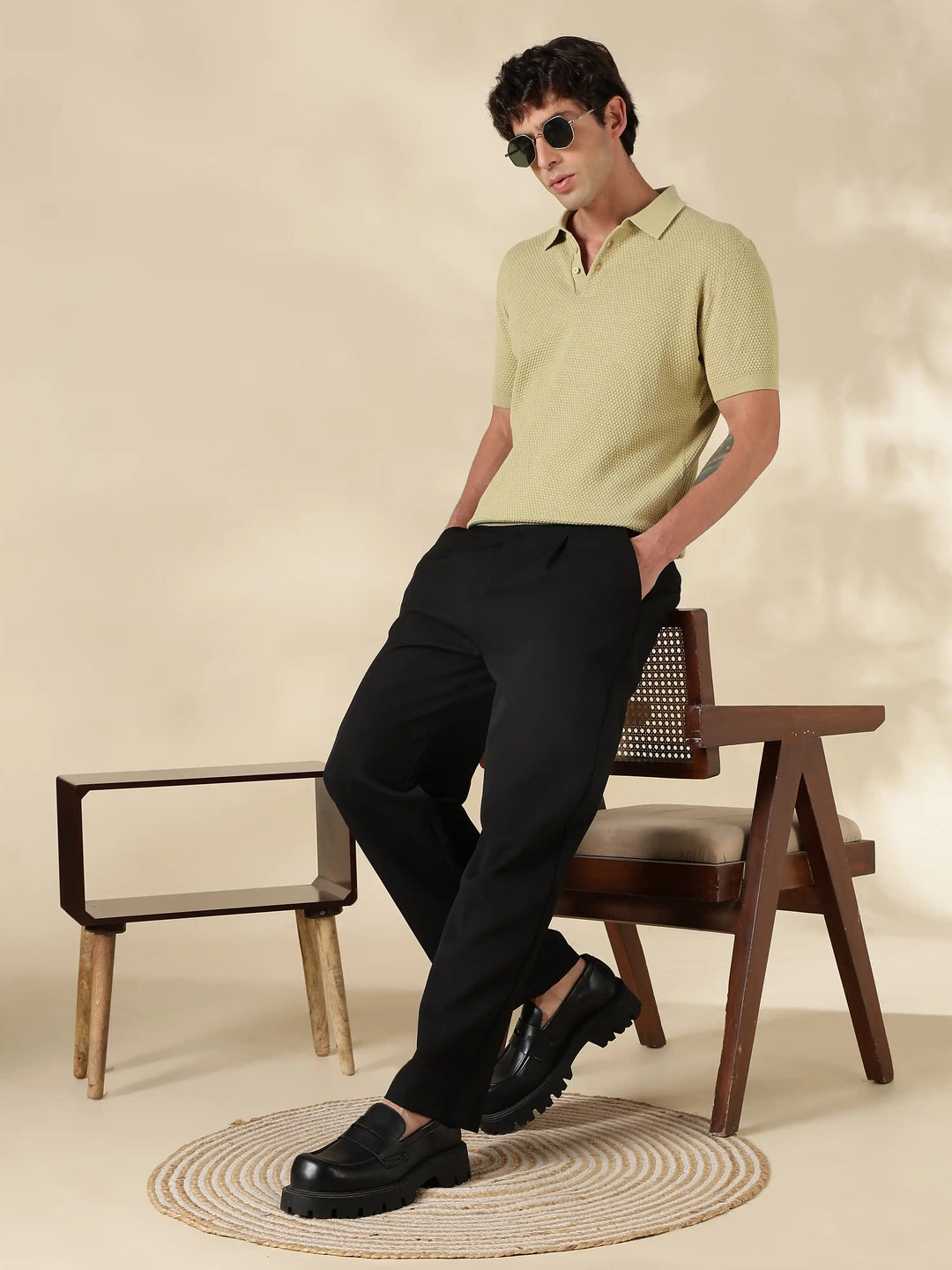 Pastel Green Textured Slim Fit Flat Knit T-Shirt