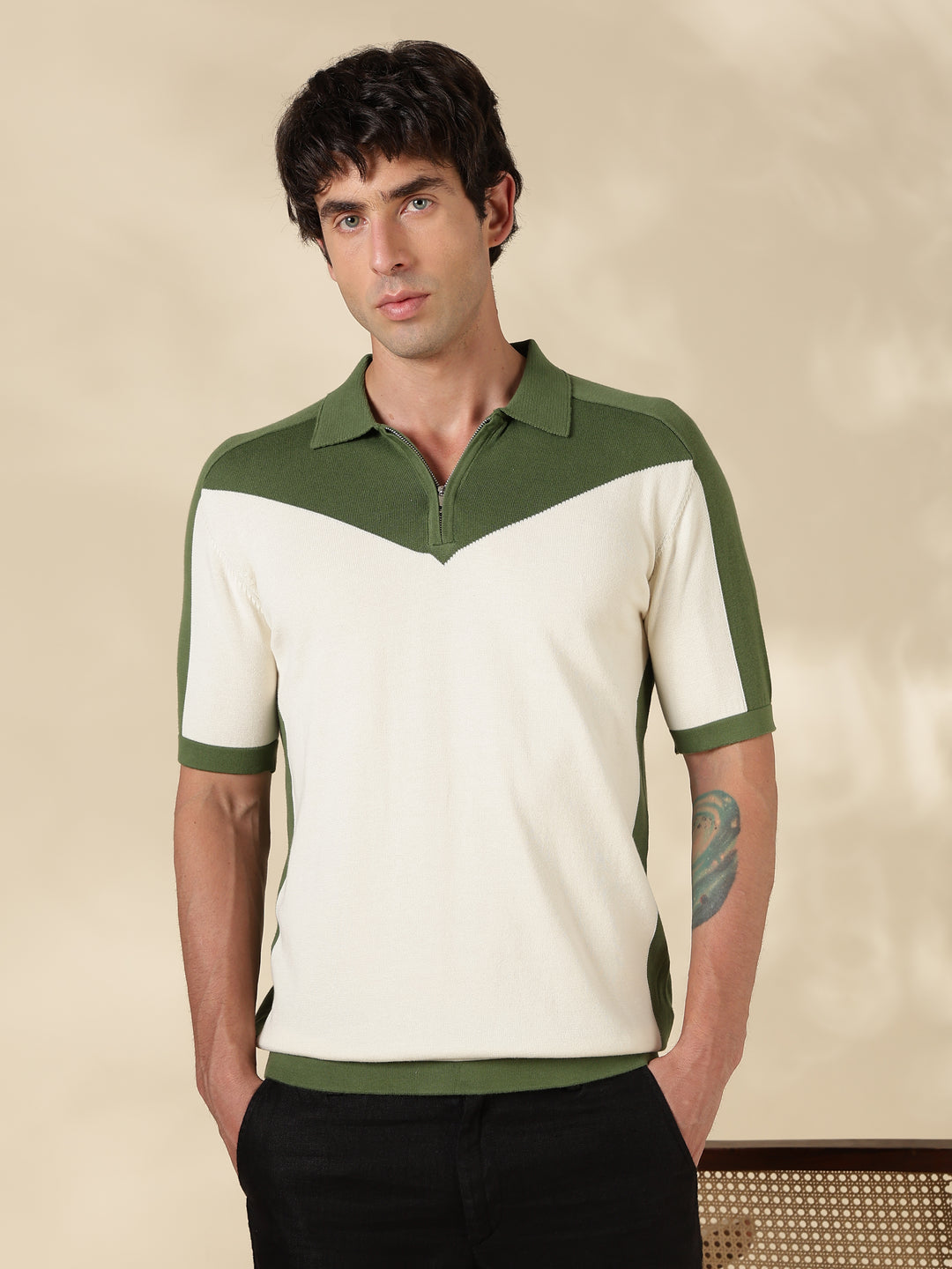 Green Colour Block Slim Fit Polo Collar Flat Knit T-Shirt