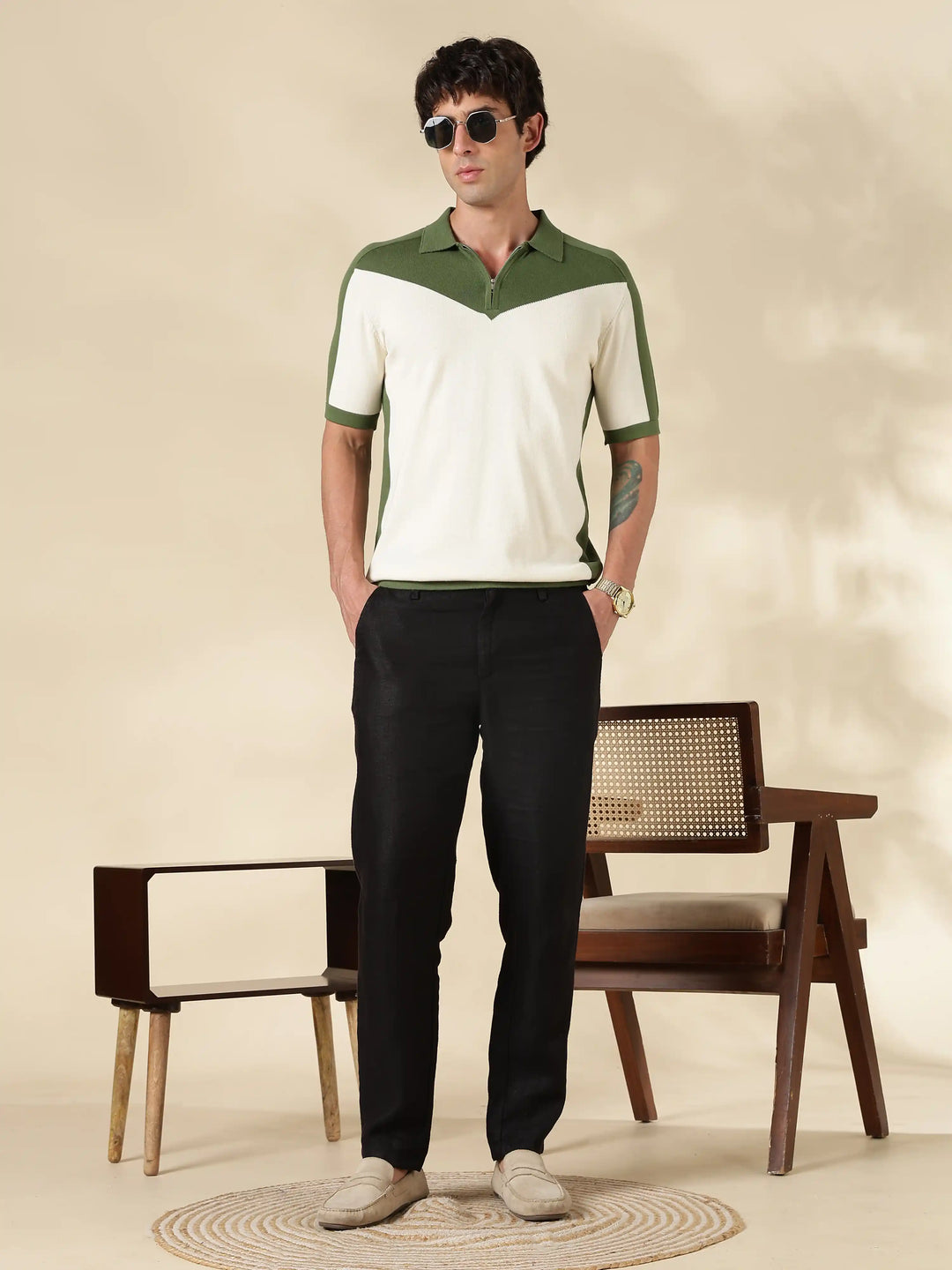 Green Colour Block Slim Fit Polo Collar Flat Knit T-Shirt