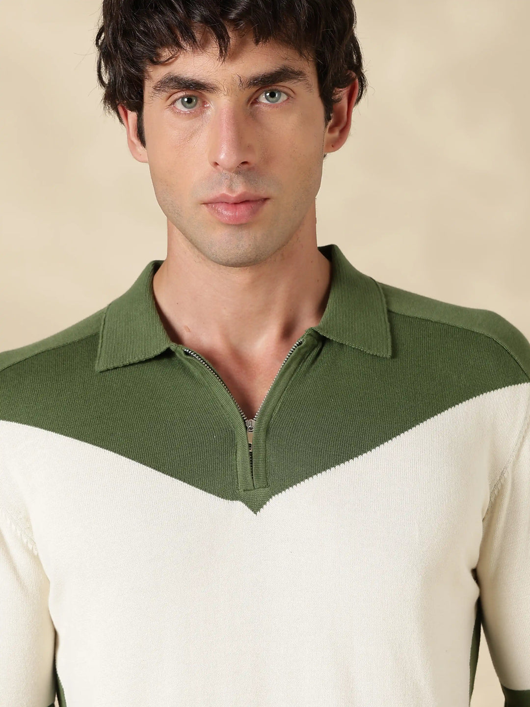 Green Colour Block Slim Fit Flat Knit T-Shirt