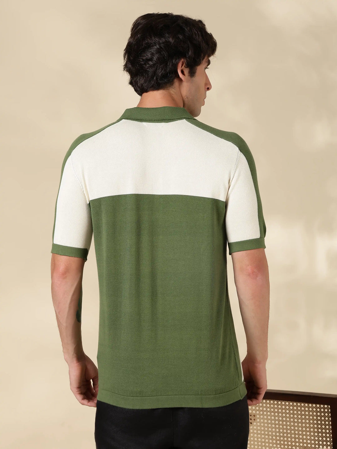 Green Colour Block Slim Fit Flat Knit T-Shirt