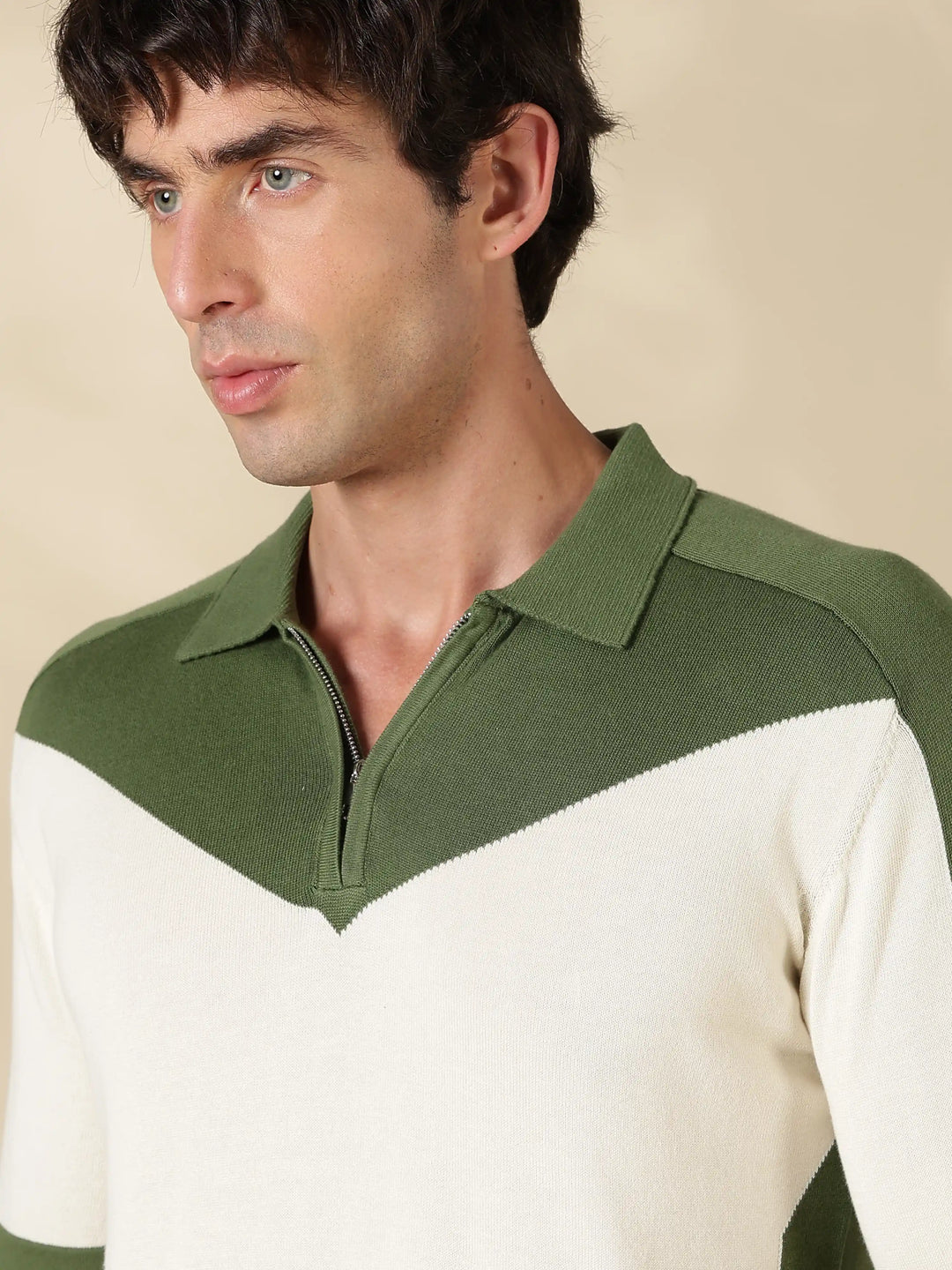 Green Colour Block Slim Fit Flat Knit T-Shirt