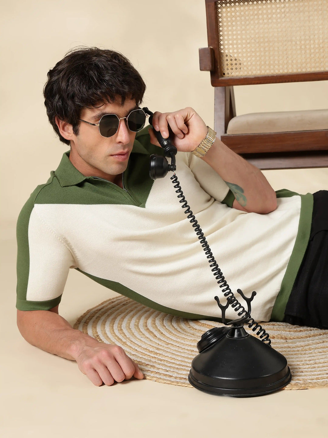 Green Colour Block Slim Fit Flat Knit T-Shirt