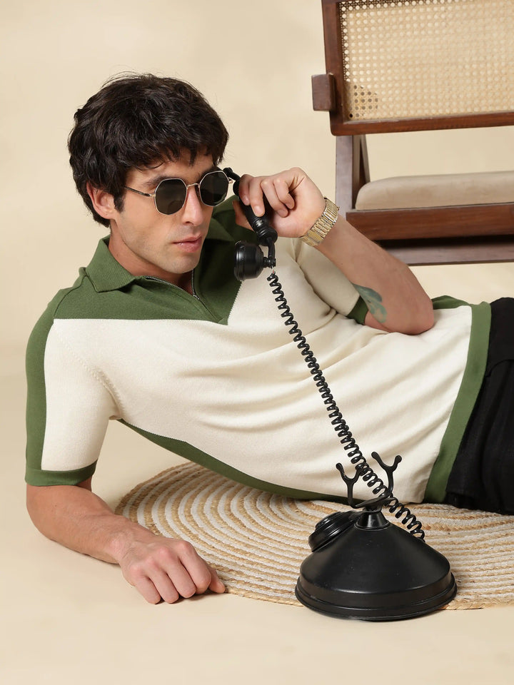 Green Colour Block Slim Fit Flat Knit T-Shirt