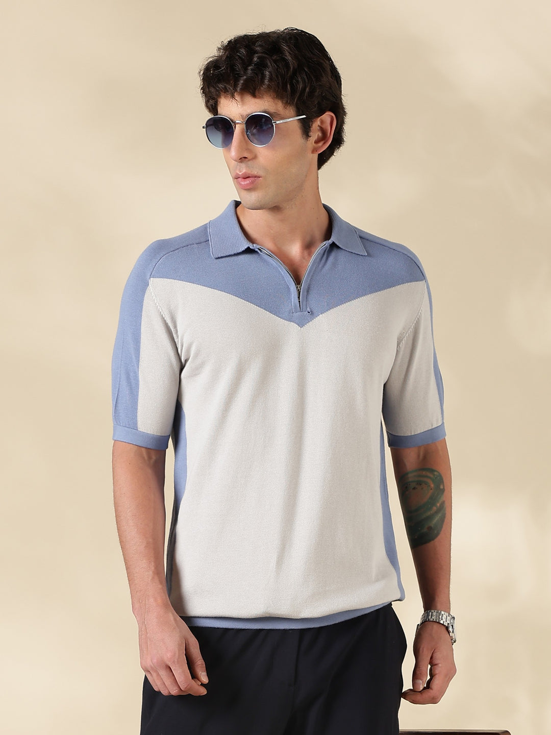 Blue Colour Block Slim Fit Polo Collar Flat Knit T-Shirt