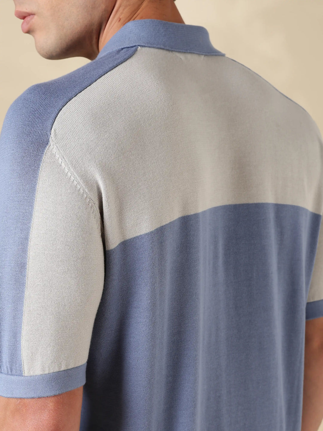 Blue Colour Block Slim Fit Flat Knit T-Shirt