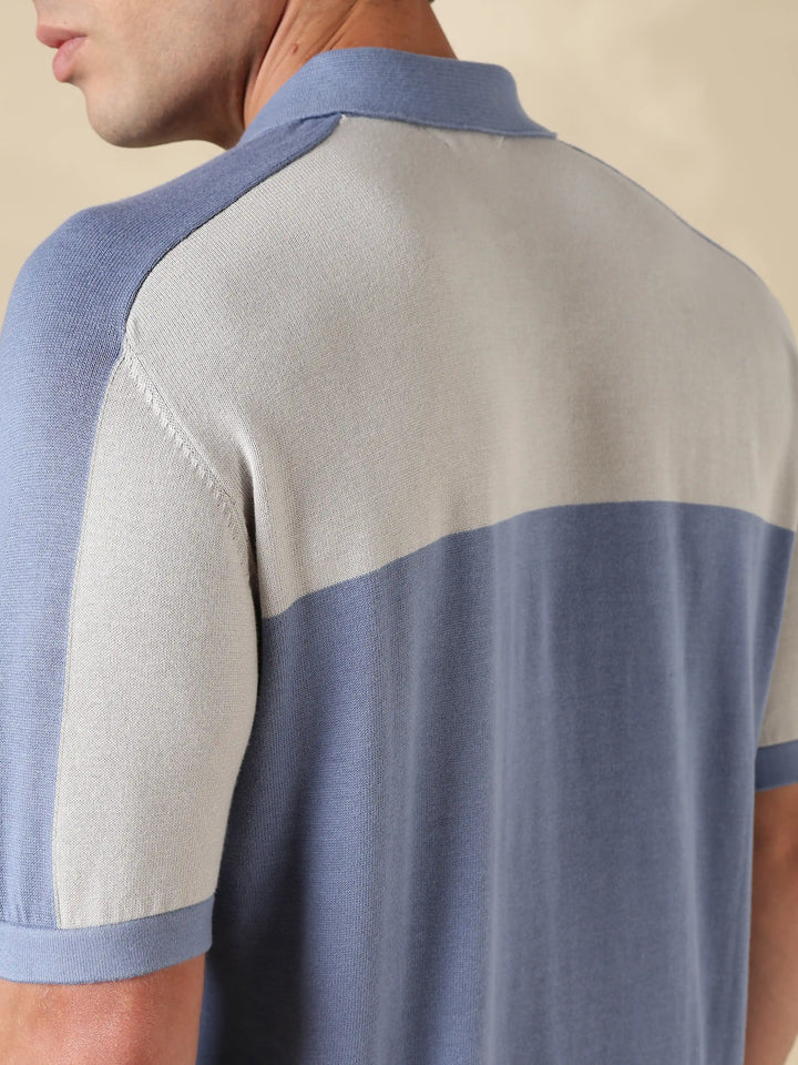 Blue Colour Block Slim Fit Flat Knit T-Shirt