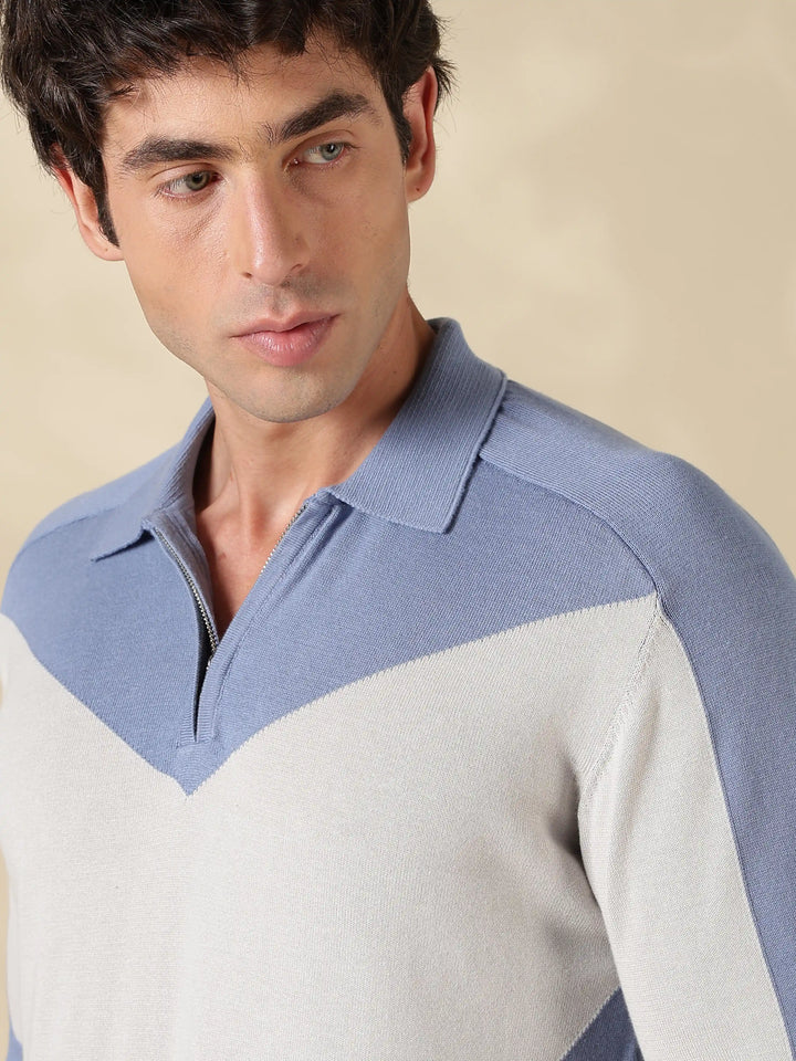 Blue Colour Block Slim Fit Flat Knit T-Shirt