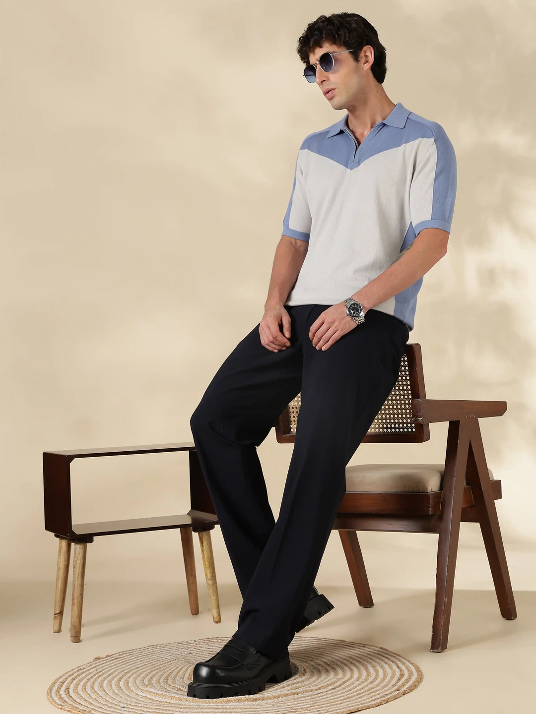 Blue Colour Block Slim Fit Flat Knit T-Shirt