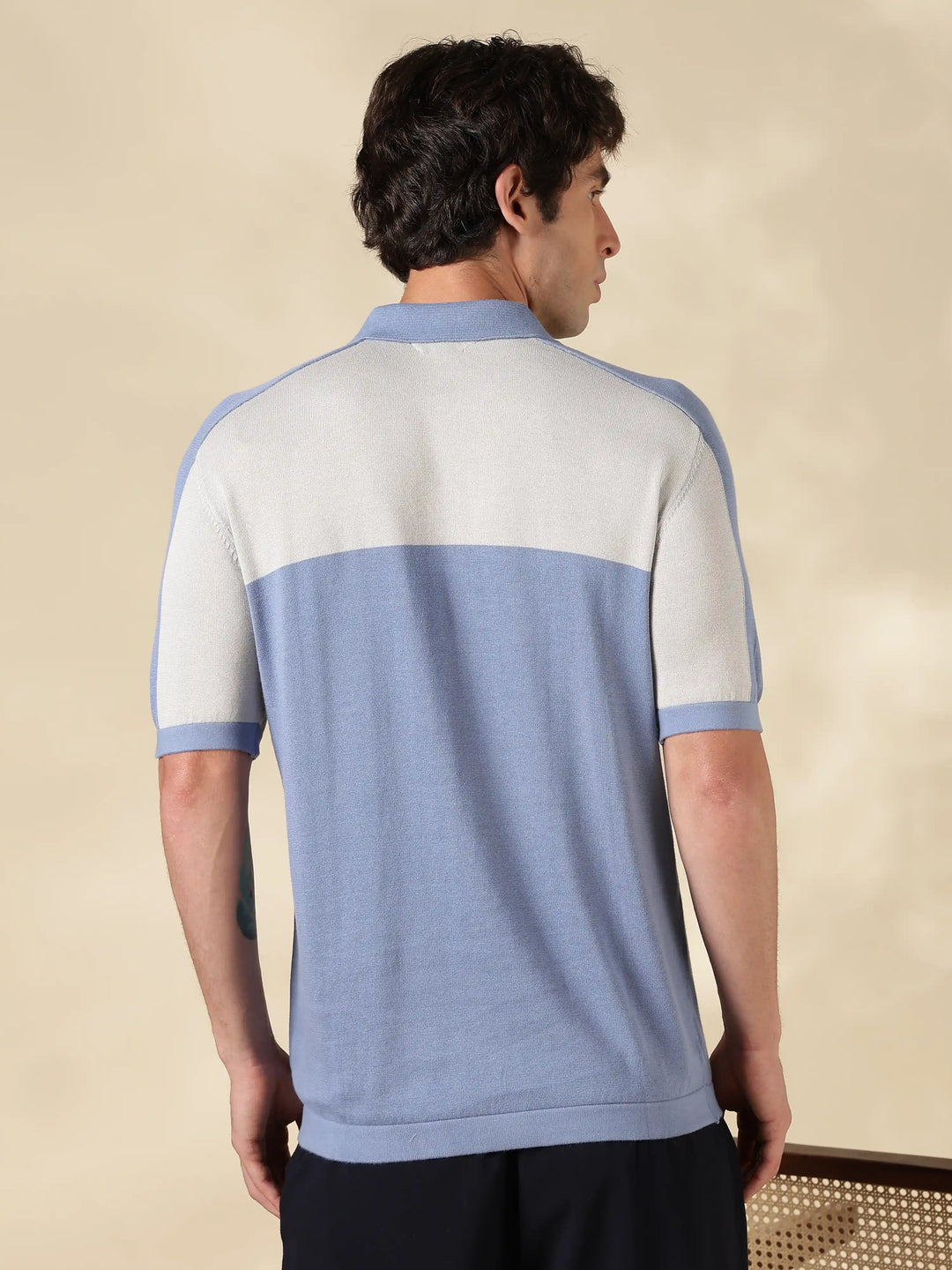 Blue Colour Block Slim Fit Flat Knit T-Shirt