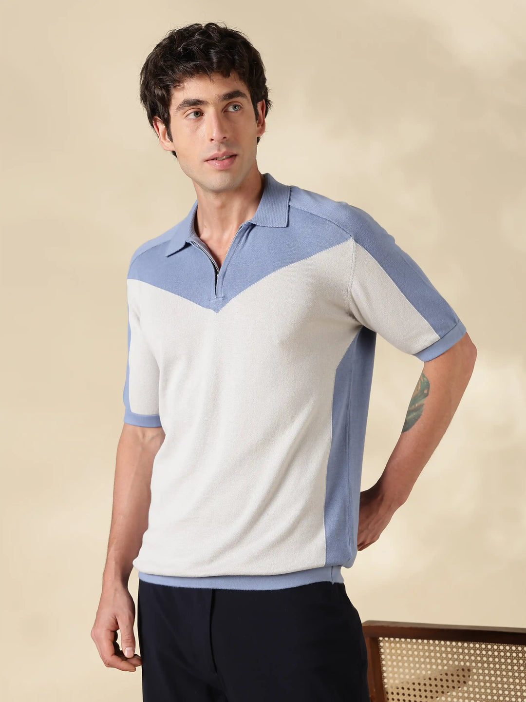 Blue Colour Block Slim Fit Flat Knit T-Shirt