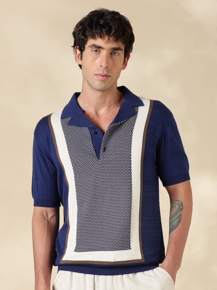 Navy Color Block Slim Fit Polo Collar Flat Knit T-Shirt