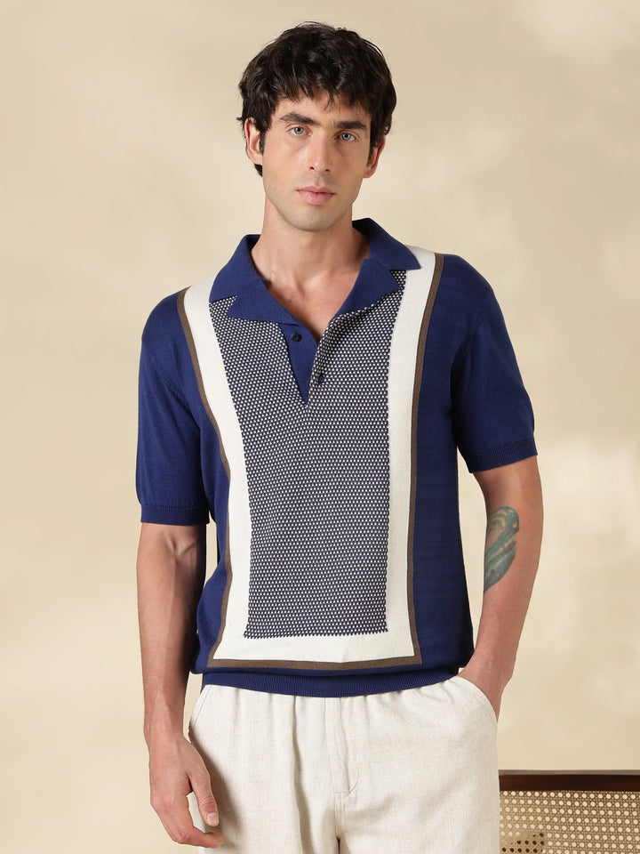 Navy Color Block Slim Fit Polo Collar Flat Knit T-Shirt