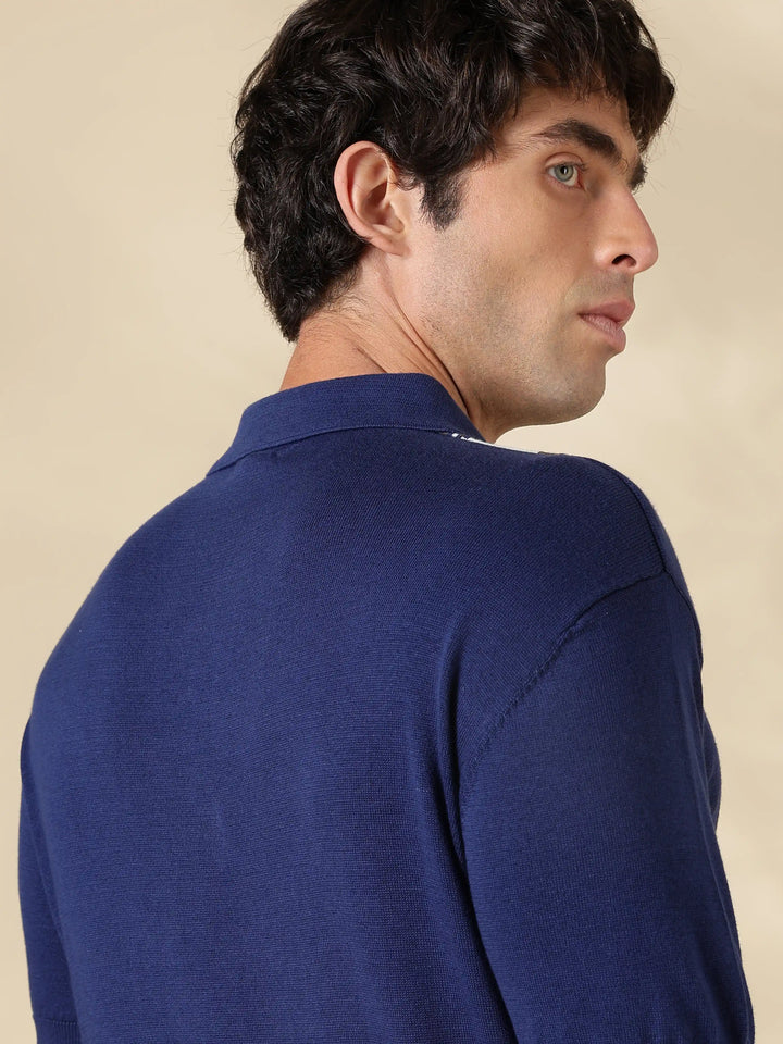Navy Color Block Slim Fit Polo Collar Flat Knit T-Shirt