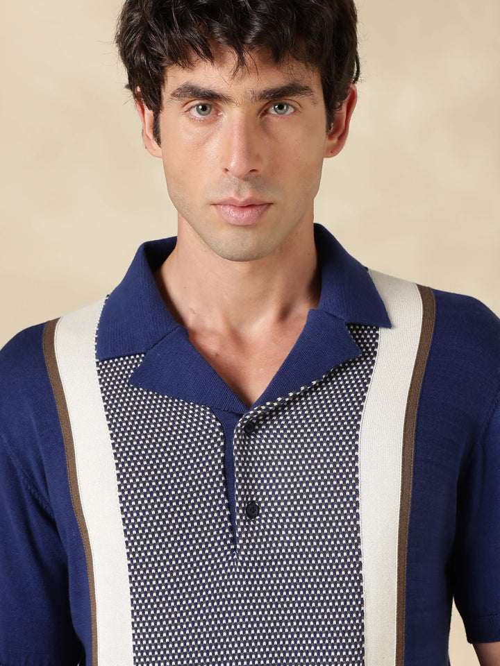 Navy Color Block Slim Fit Polo Collar Flat Knit T-Shirt