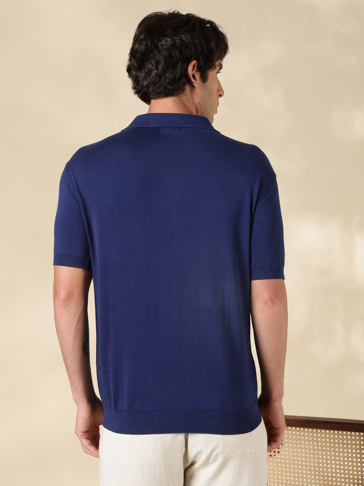 Navy Color Block Slim Fit Polo Collar Flat Knit T-Shirt