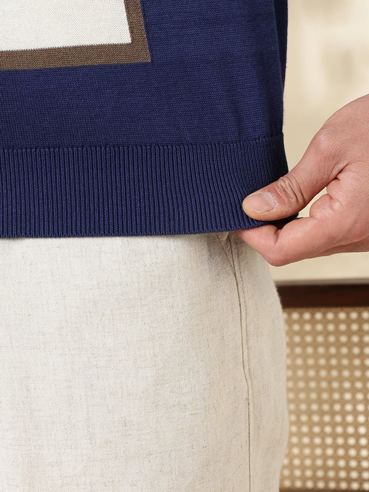 Navy Color Block Slim Fit Polo Collar Flat Knit T-Shirt