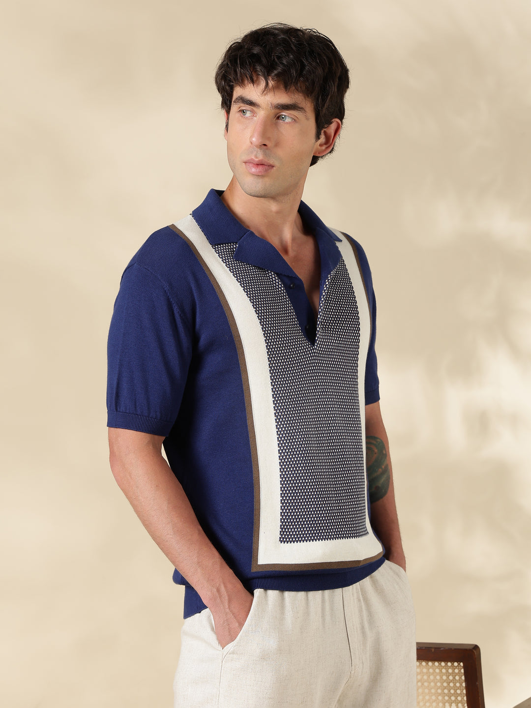 Navy Color Block Slim Fit Polo Collar Flat Knit T-Shirt