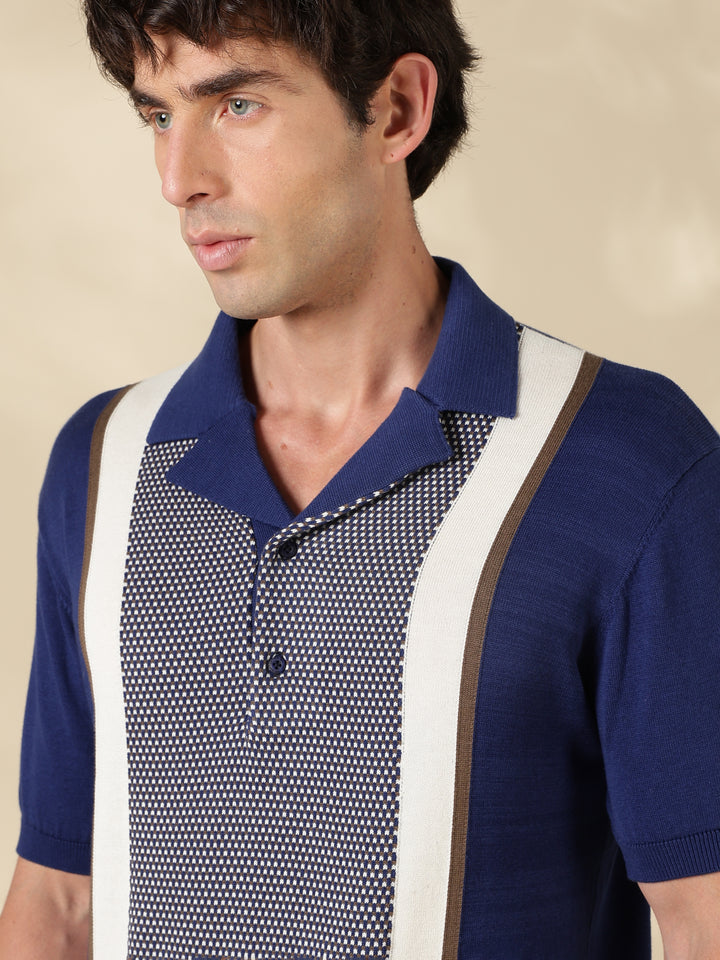 Navy Color Block Slim Fit Polo Collar Flat Knit T-Shirt