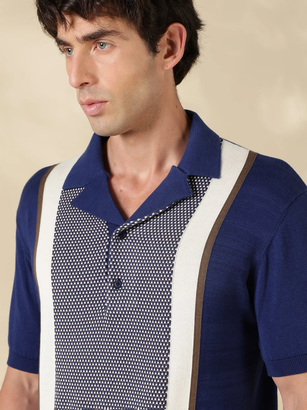 Navy Color Block Slim Fit Polo Collar Flat Knit T-Shirt